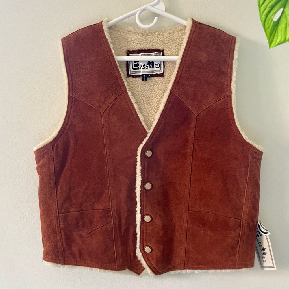 NWT Vintage Rust Leather Sherpa Lined Western Vest Interior Pocket Size Large
